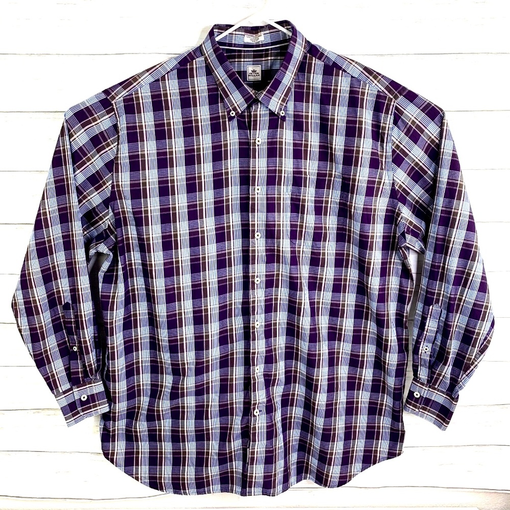 Peter Millar Long Sleeve Button Down Shirt Men Comfortable Purple Blue Plaid 2XL